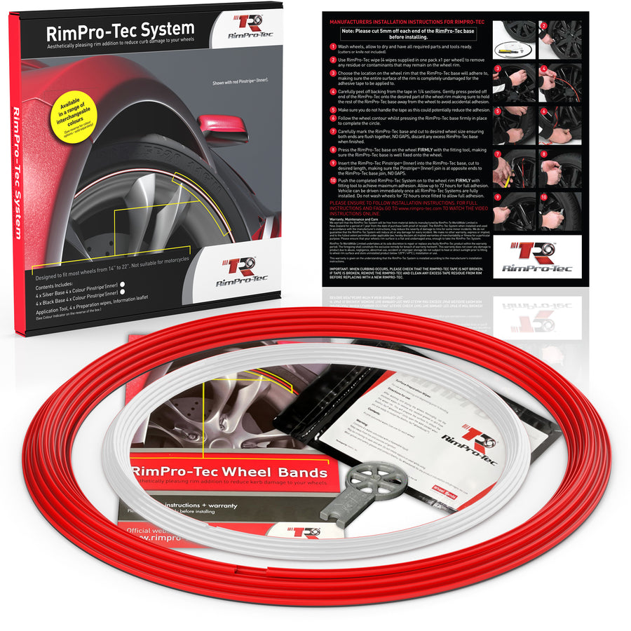 4x Red Base's 4x White Pinstripe's / RimPro-Tec® Wheelbands™ car wheel styling kit