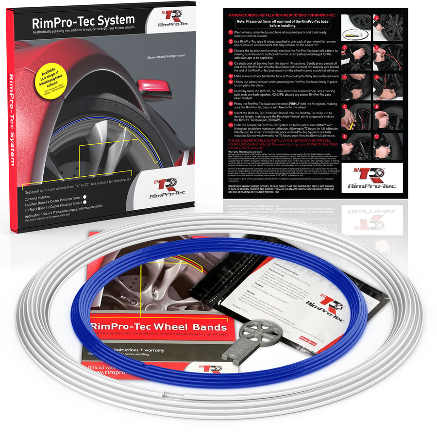 4x White Base's 4x Dark Blue Pinstripe's / RimPro-Tec® Wheelbands™ car wheel styling kit
