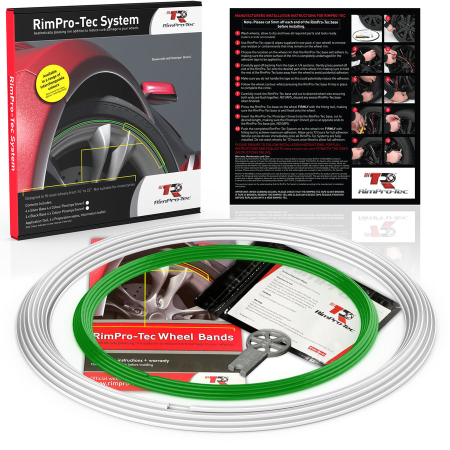 4x White Base's 4x Green Pinstripe's / RimPro-Tec® Wheelbands™ car wheel styling kit