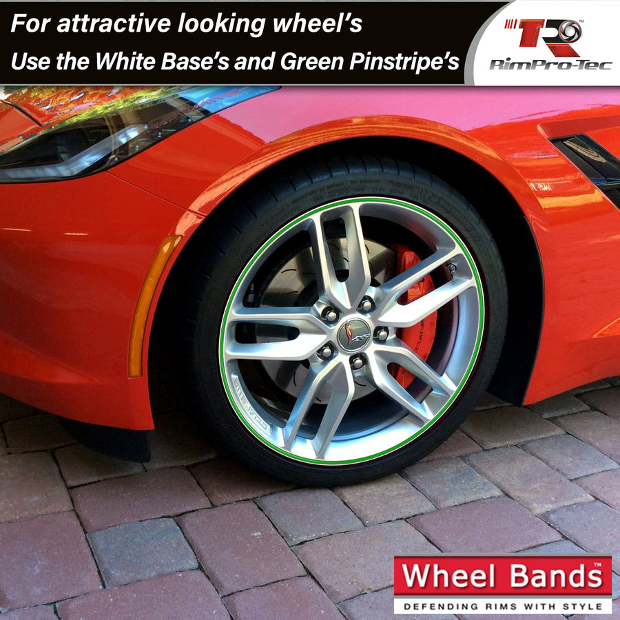 4x White Base's 4x Green Pinstripe's / RimPro-Tec® Wheelbands™ car wheel styling kit