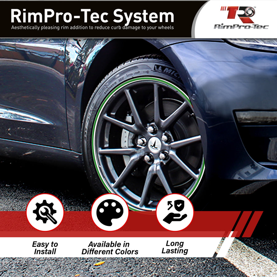 4x White Base's 4x Green Pinstripe's / RimPro-Tec® Wheelbands™ car wheel styling kit