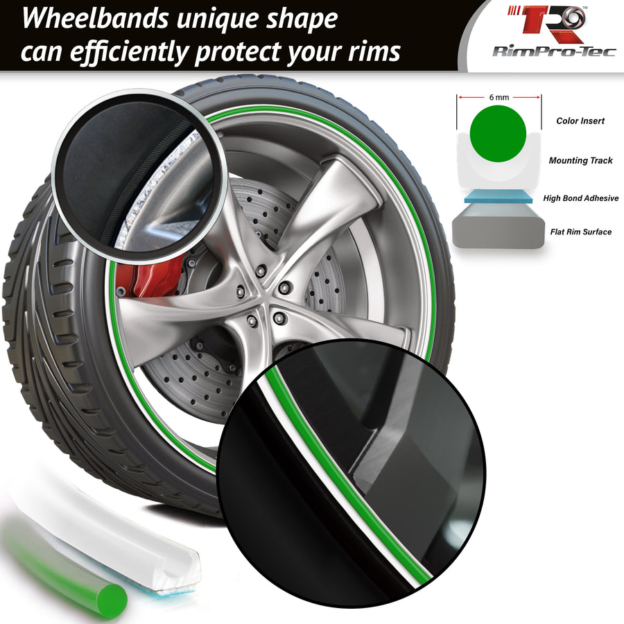 4x White Base's 4x Green Pinstripe's / RimPro-Tec® Wheelbands™ car wheel styling kit