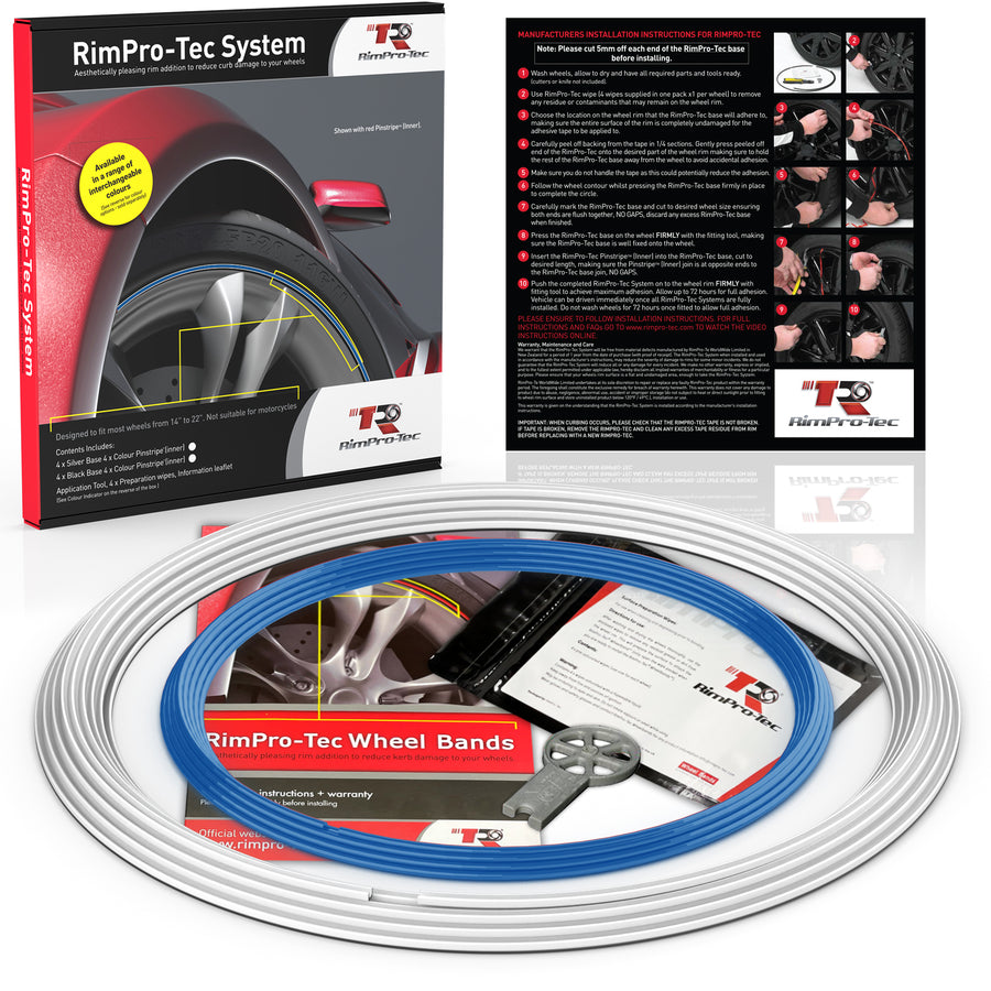 4x White Base's 4x Sky Blue Pinstripe's / RimPro-Tec® Wheelbands™ car wheel styling kit