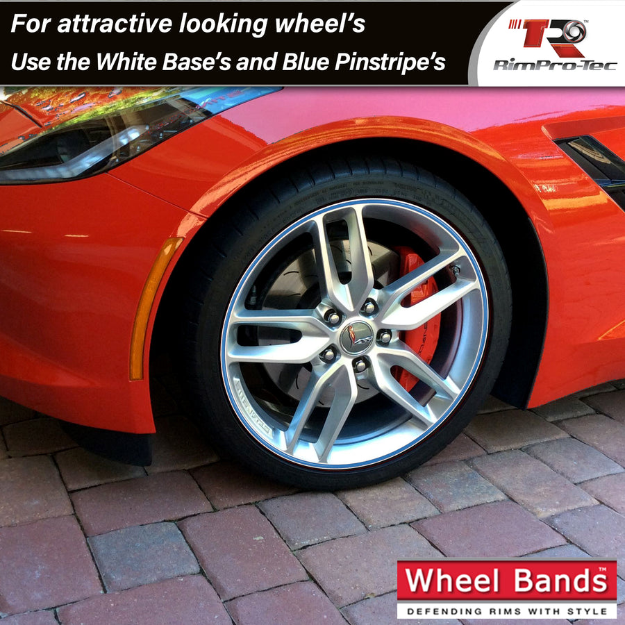 4x White Base's 4x Sky Blue Pinstripe's / RimPro-Tec® Wheelbands™ car wheel styling kit
