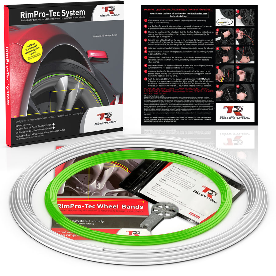 4x White Base's 4x Lime Green Pinstripe's / RimPro-Tec® Wheelbands™ car wheel styling kit
