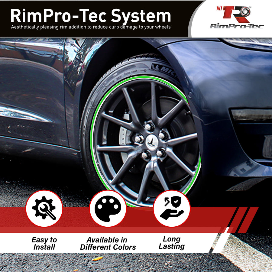 4x White Base's 4x Lime Green Pinstripe's / RimPro-Tec® Wheelbands™ car wheel styling kit