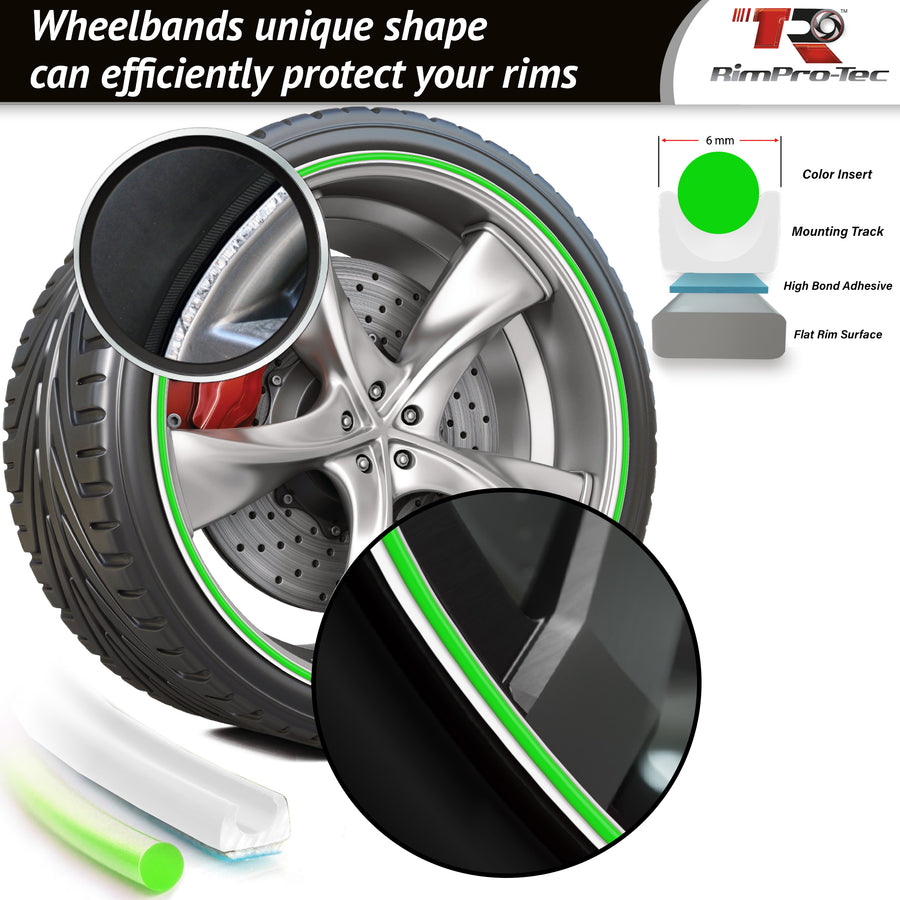 4x White Base's 4x Lime Green Pinstripe's / RimPro-Tec® Wheelbands™ car wheel styling kit
