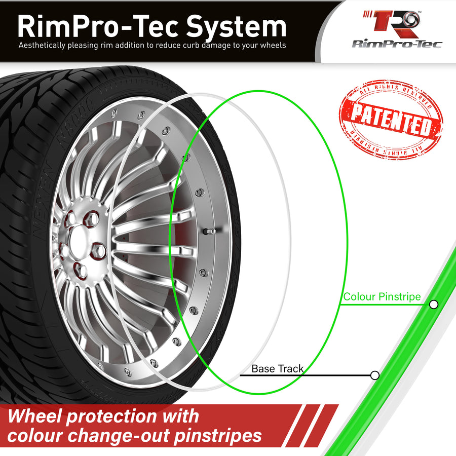 4x White Base's 4x Lime Green Pinstripe's / RimPro-Tec® Wheelbands™ car wheel styling kit