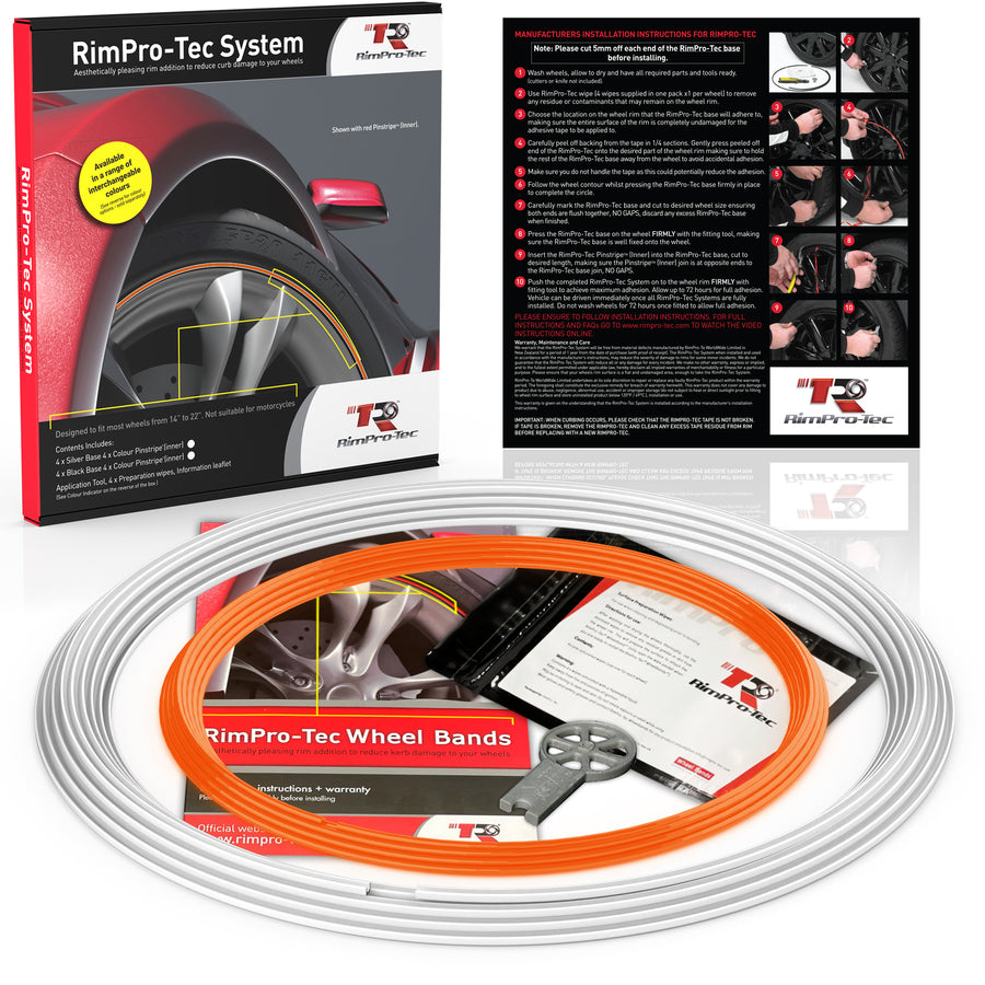 4x White Base's 4x Orange Pinstripe's / RimPro-Tec® Wheelbands™ car wheel styling kit
