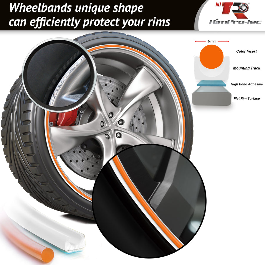 4x White Base's 4x Orange Pinstripe's / RimPro-Tec® Wheelbands™ car wheel styling kit