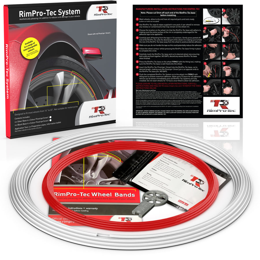 4x White Base's 4x Red Pinstripe's / RimPro-Tec® Wheelbands™ car wheel styling kit