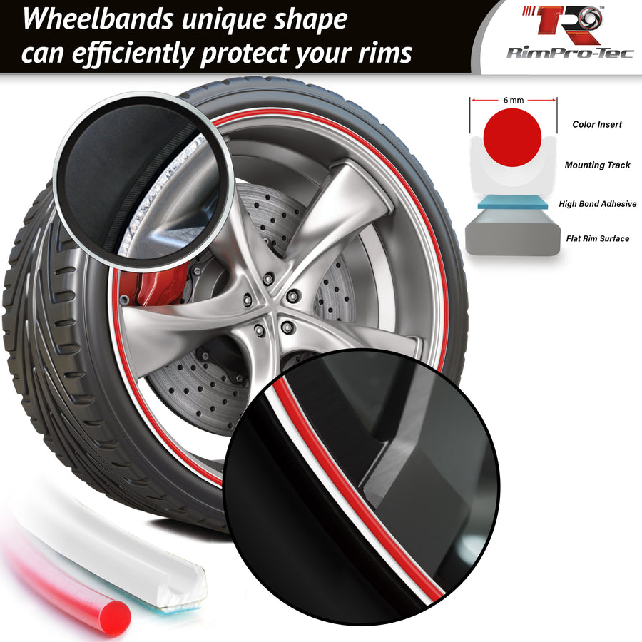 4x White Base's 4x Red Pinstripe's / RimPro-Tec® Wheelbands™ car wheel styling kit