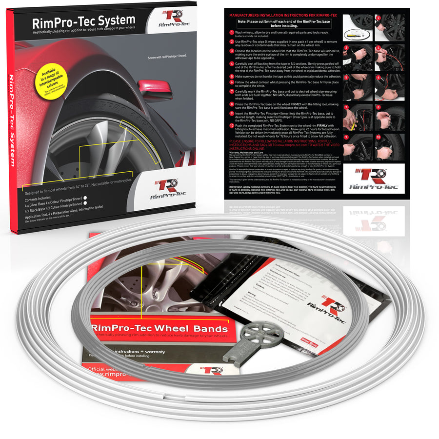 4x White Base's 4x Silver Pinstripe's / RimPro-Tec® Wheelbands™ car wheel styling kit