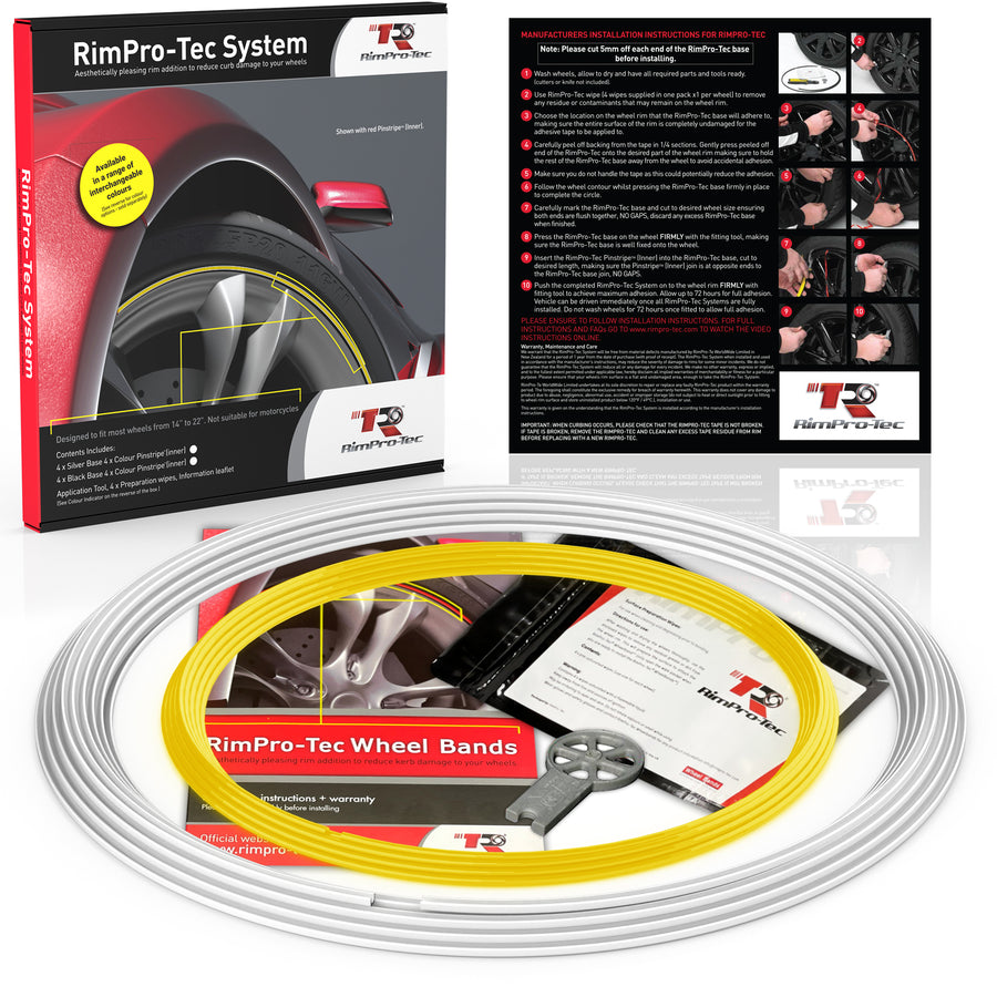 4x White Base's 4x Yellow Pinstripe's / RimPro-Tec® Wheelbands™ car wheel styling kit