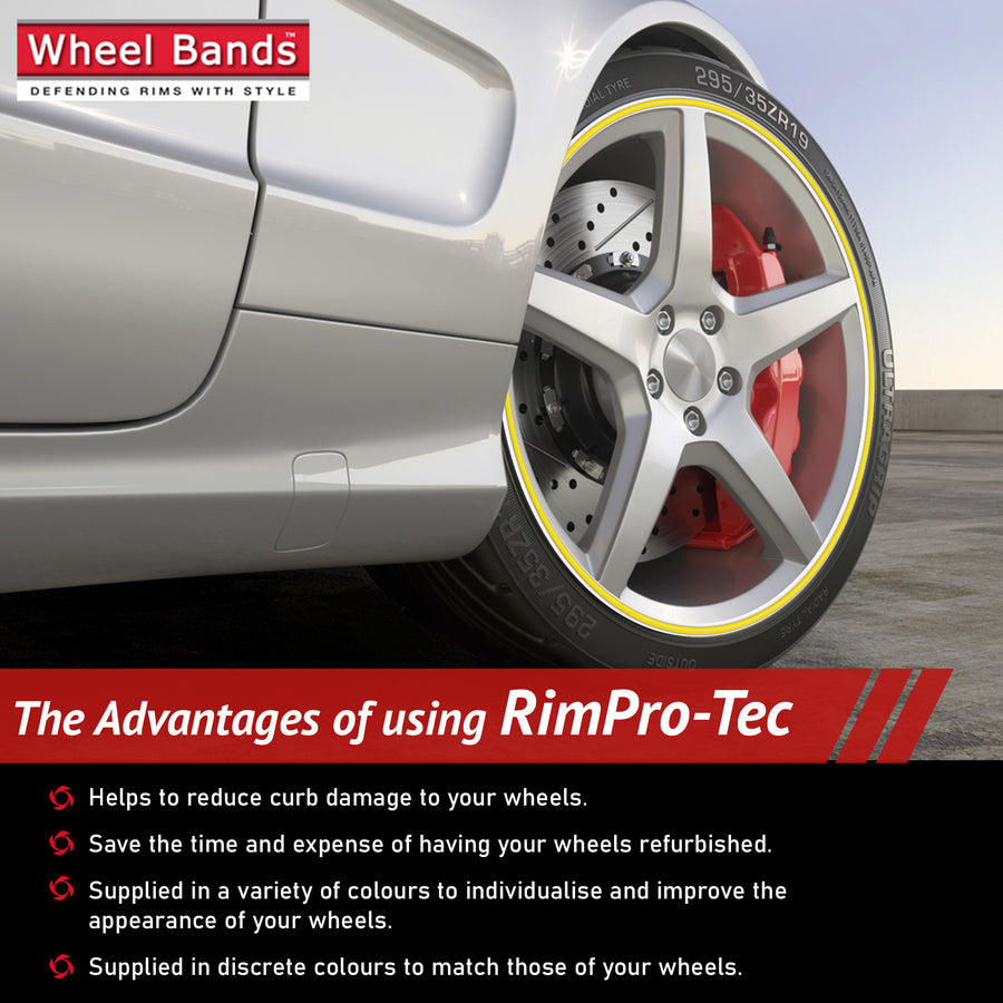 4x White Base's 4x Yellow Pinstripe's / RimPro-Tec® Wheelbands™ car wheel styling kit