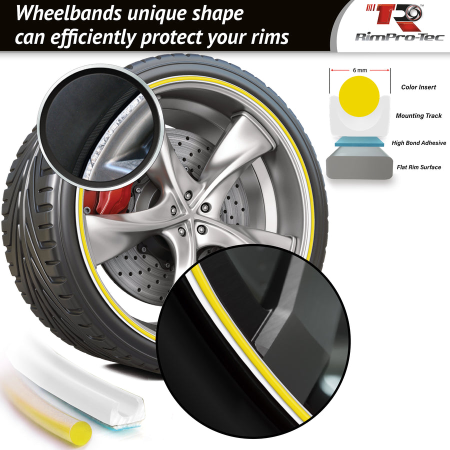 4x White Base's 4x Yellow Pinstripe's / RimPro-Tec® Wheelbands™ car wheel styling kit