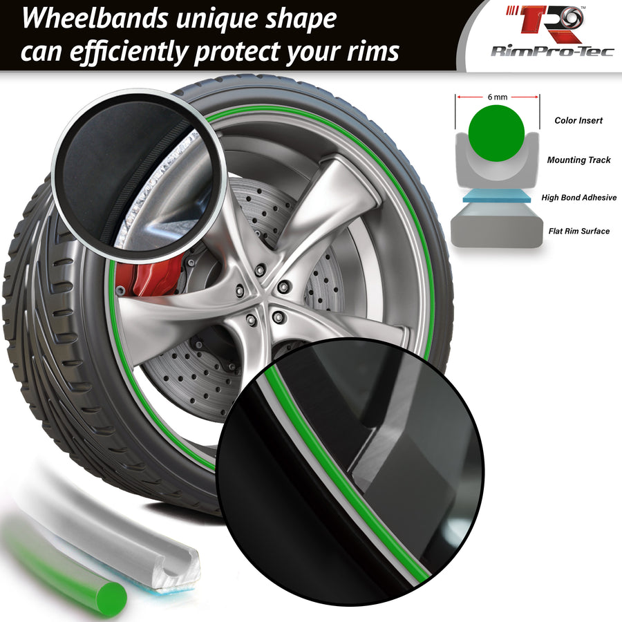 4x Silver Base's 4x Dark Green Pinstripe's / RimPro-Tec® Wheelbands™ car wheel styling kit