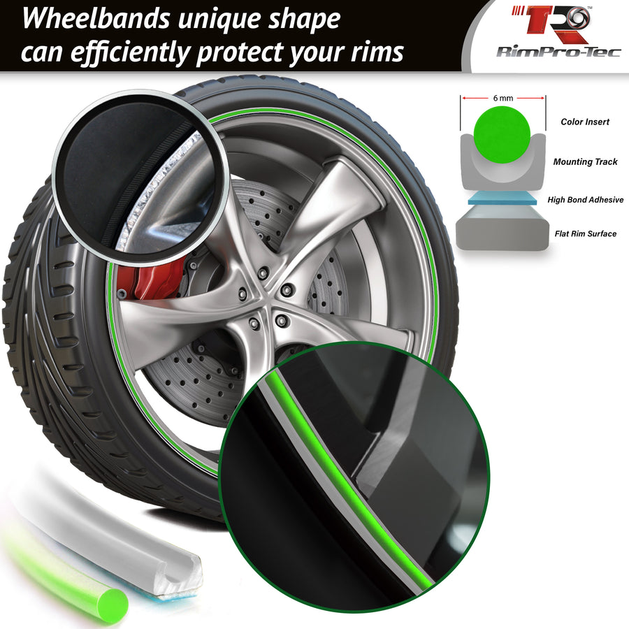 4x Silver Base's 4x Lime Green Pinstripe's / RimPro-Tec® Wheelbands™ car wheel styling kit