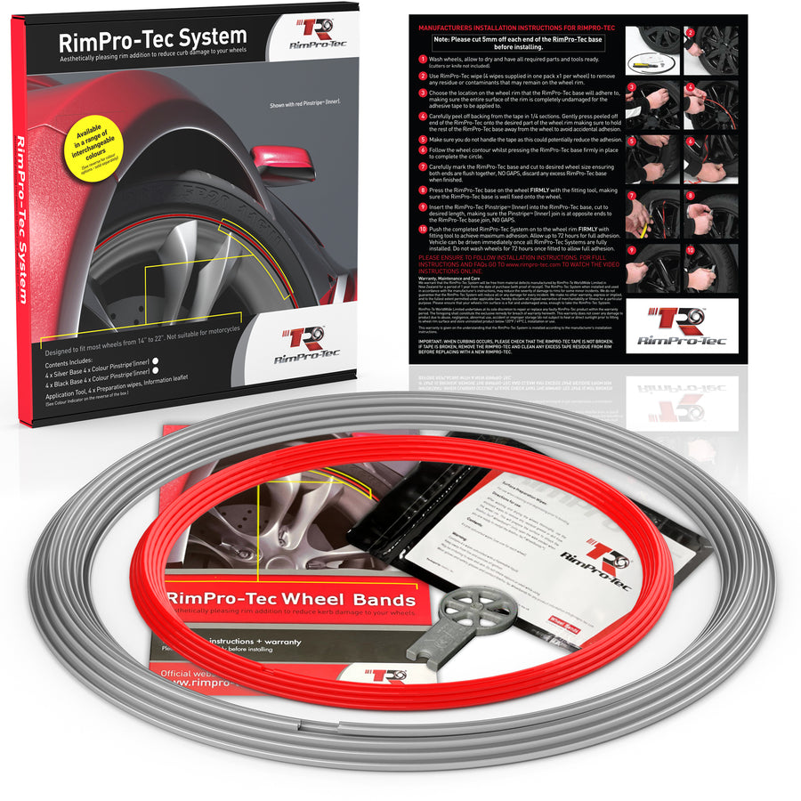 4x Silver Base's 4x Red Pinstripe's / RimPro-Tec® Wheelbands™ car wheel styling kit