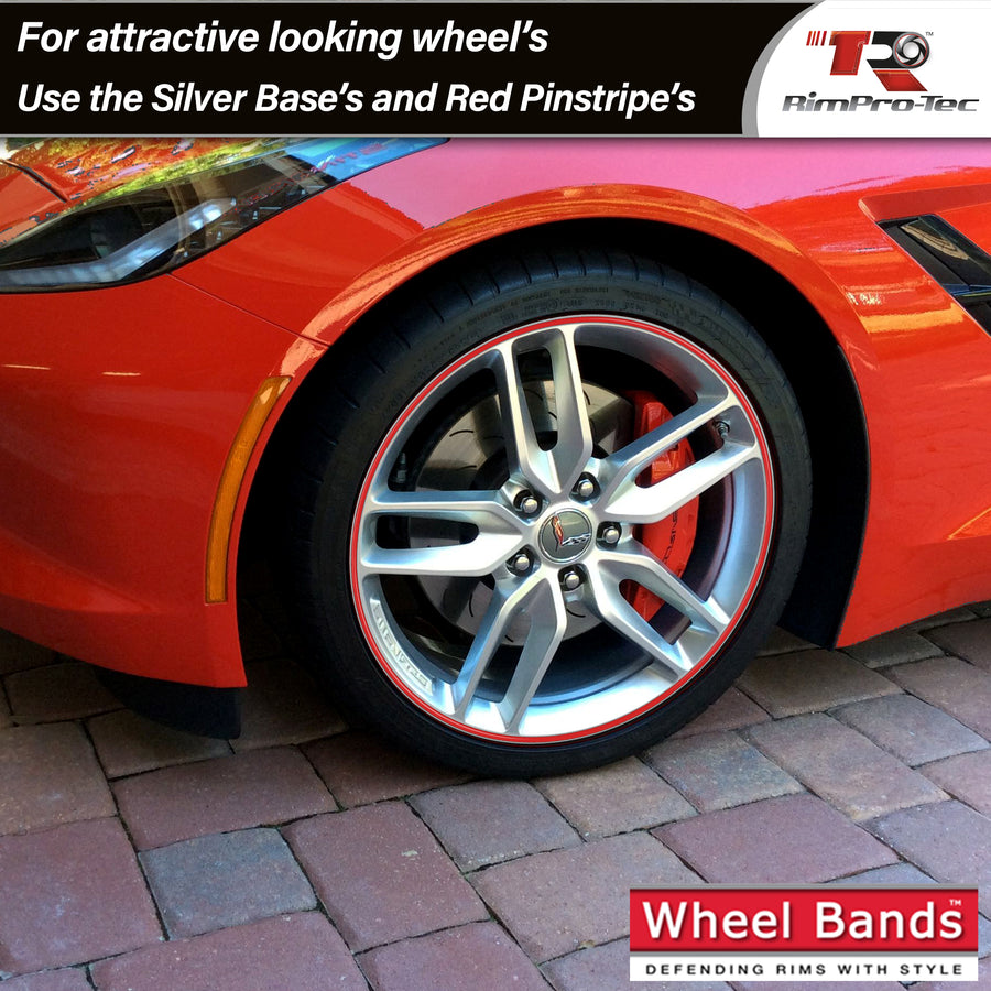 4x Silver Base's 4x Red Pinstripe's / RimPro-Tec® Wheelbands™ car wheel styling kit