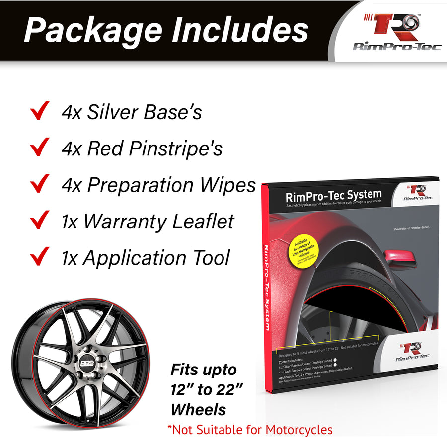 4x Silver Base's 4x Red Pinstripe's / RimPro-Tec® Wheelbands™ car wheel styling kit