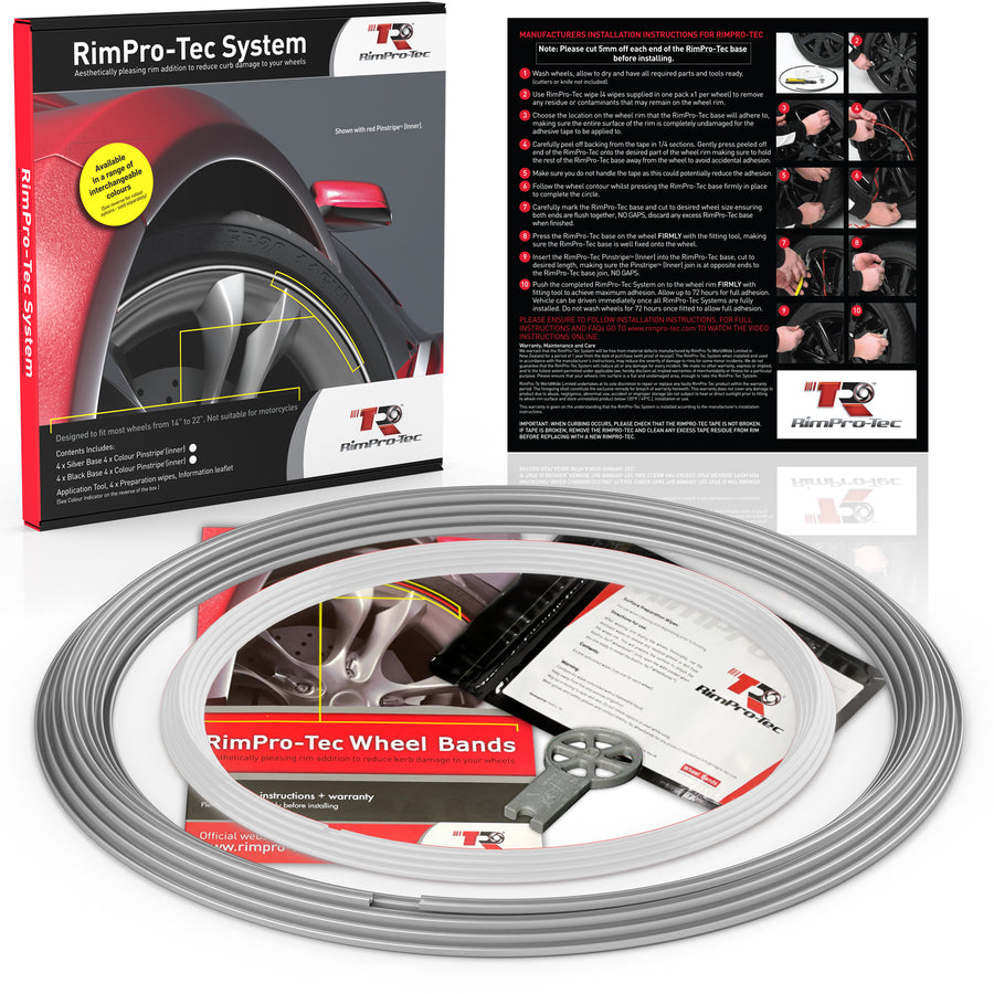 4x Silver Base's 4x White  Pinstripe's / RimPro-Tec® Wheelbands™ car wheel styling kit